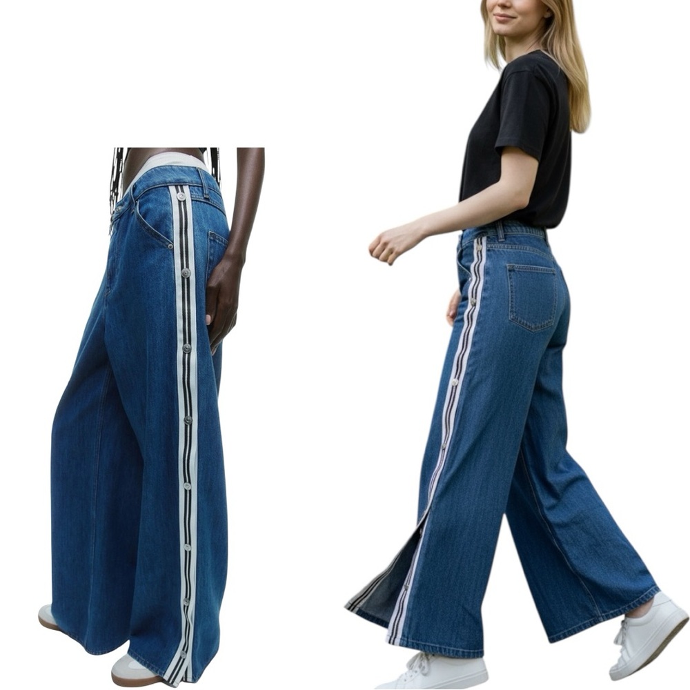 H&M Baggy Straight Leg Side Stripe Snap Jeans – Size 6